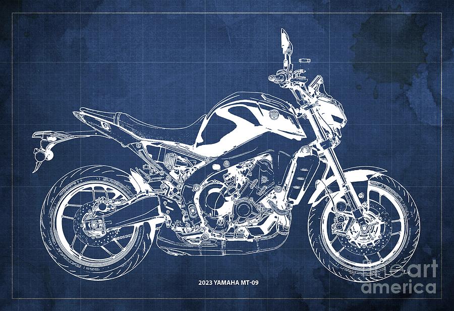 2023 Yamaha MT-09 Blueprint,Blue Background,Gift for Bikers Drawing by ...