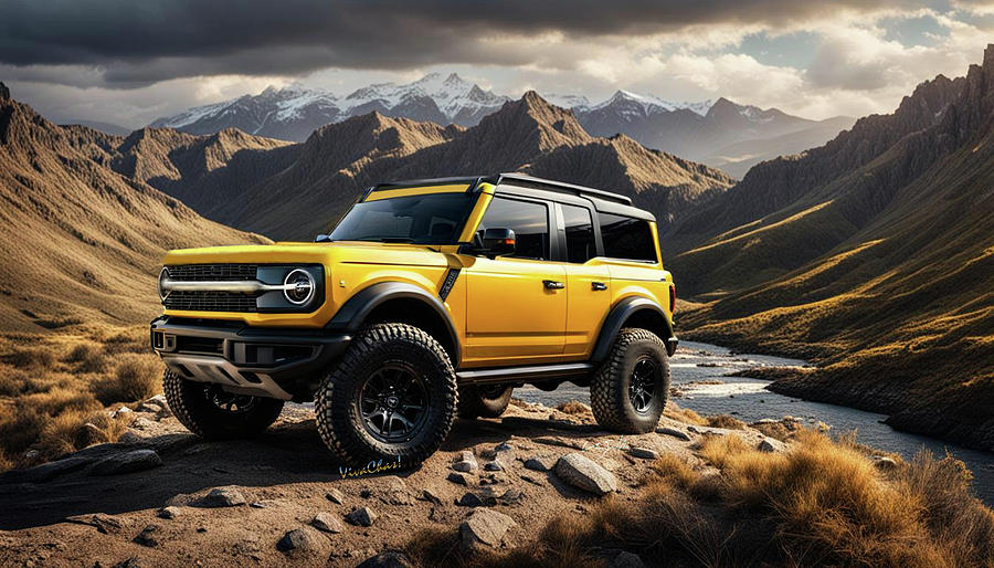 2023 Yellow Ford Bronco Off-Roading the Mountains Digital Art by Chas Sinklier