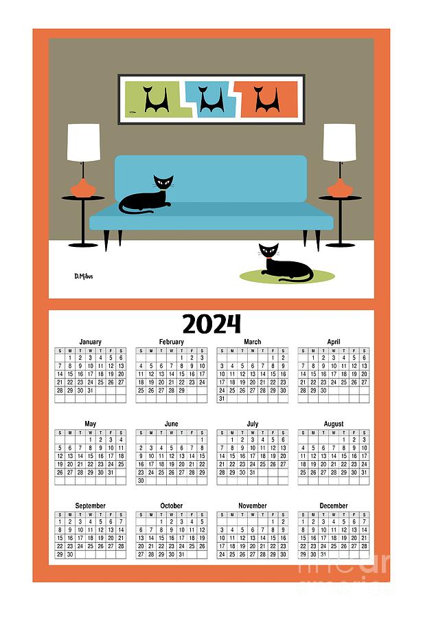 2024 Calendar Cat on Blue Couch Digital Art by Donna Mibus