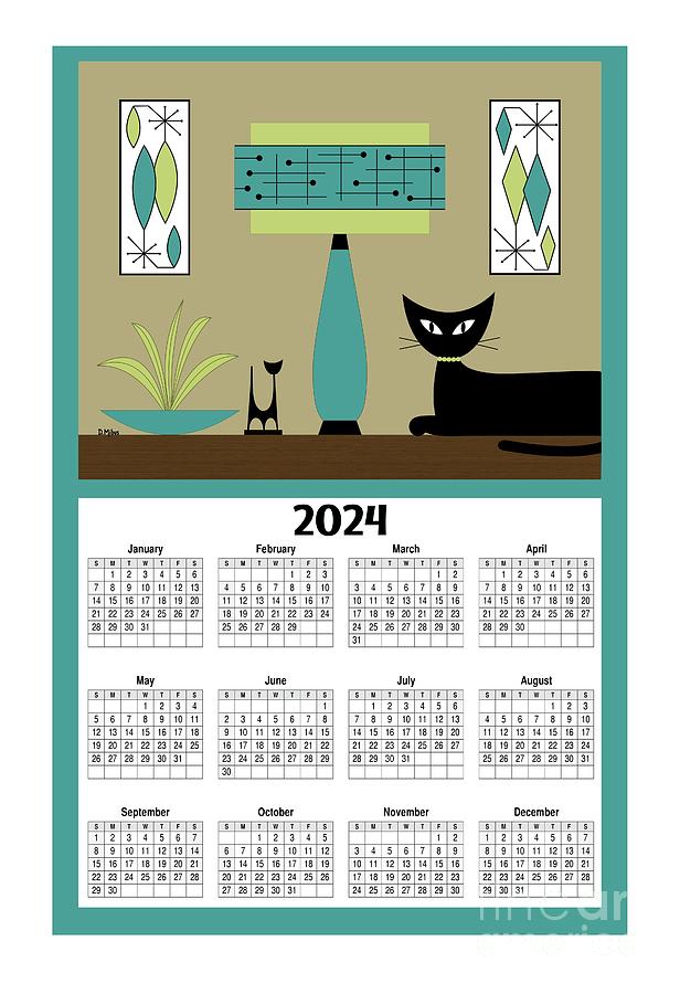2024 Calendar Teal Lamp with Black Cat Digital Art by Donna Mibus