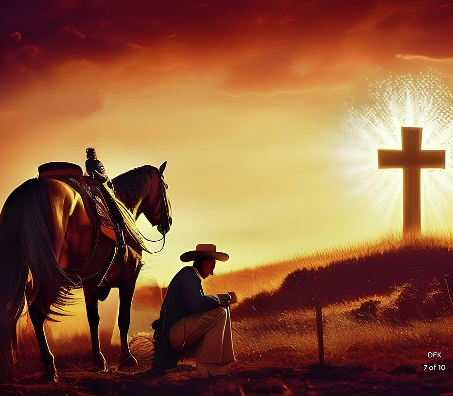 2047 Le7 Of 10 Horse With Cowboy Kneeling Before Graveside Cross