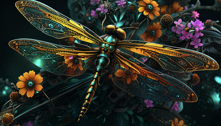 206 Exploded floral cyberpunk amber, black and teal dragonfly - 2844 Mixed Media by Donald Keith