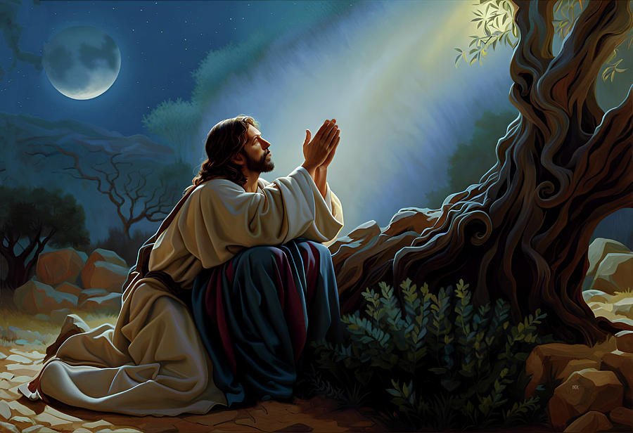 207-Jesus in the moonlight, Kneeling in prayer under an Old Olive Tree In The Garden of Gethsemane - Mixed Media by Donald Keith