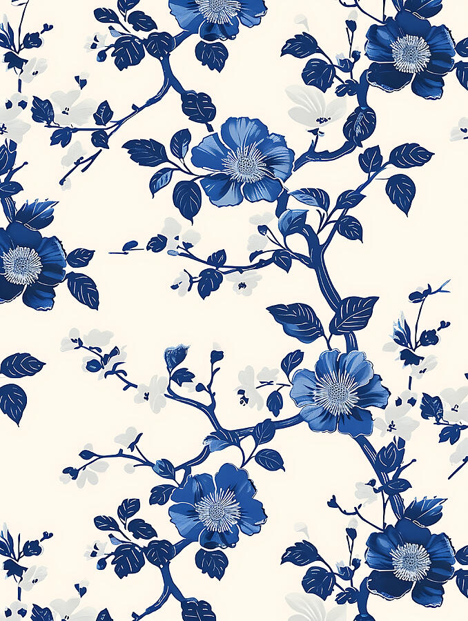 Blue Flowers Digital Art - Blue And White Floral Pattern #21 by Benameur Benyahia