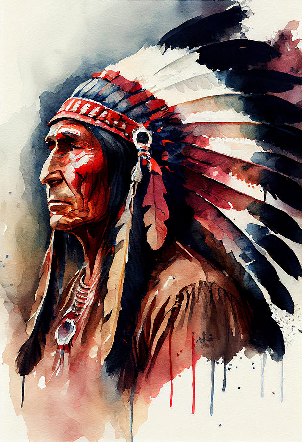 Cherokee Indian Chief Watercolour Mixed Media