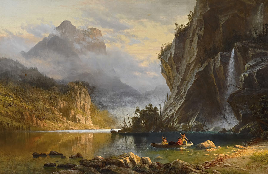Albert Bierstadt  Painting - Indians Spear Fishing by Albert Bierstadt by Mango Art
