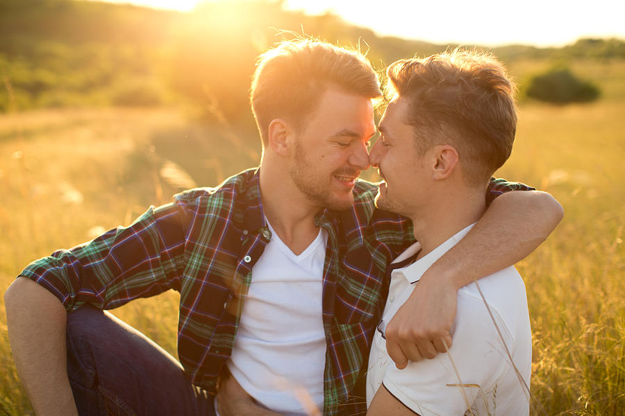 Young gay couple in a meadow. #21 Photograph by Svetikd