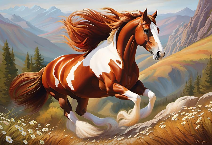 217-Beautiful Champion Chestnut and white Clydesdale horse galloping on the mountain - 2287 Mixed Media by Donald Keith