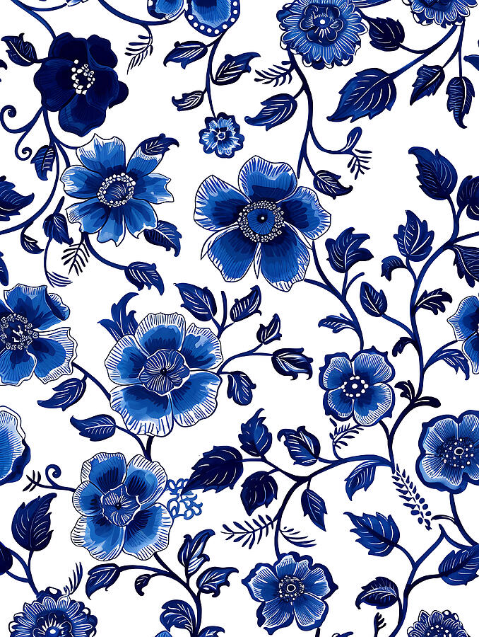 Seamless Pattern Digital Art - Blue And White Floral Pattern #22 by Benameur Benyahia
