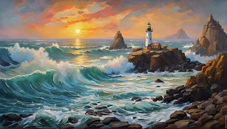 221 Lighthouse Sunset Masterpiece Award Winning Seascape -1907 Mixed Media by Donald Keith