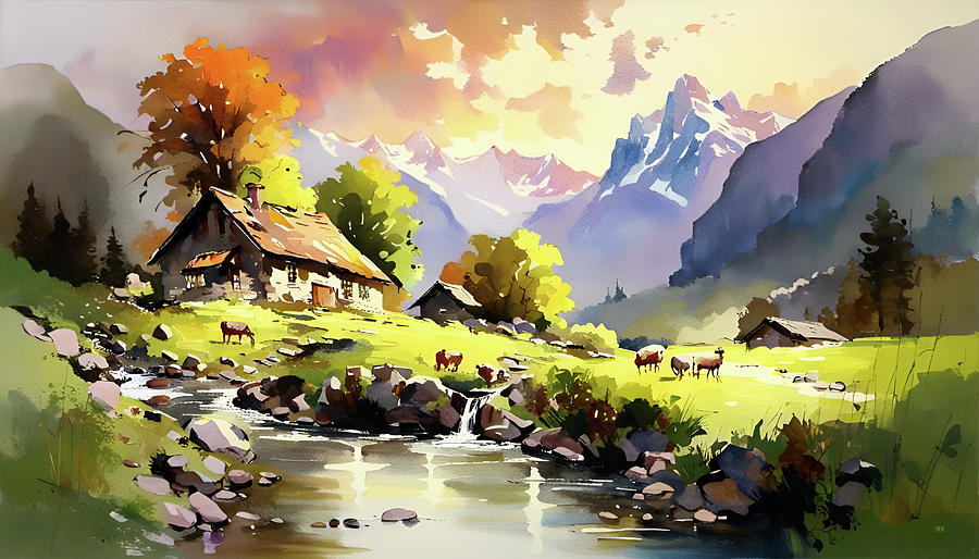 222-Watercolor landscape award winner of Swiss Sheep Herder Cottage In High Alps- 2693 Mixed Media by Donald Keith