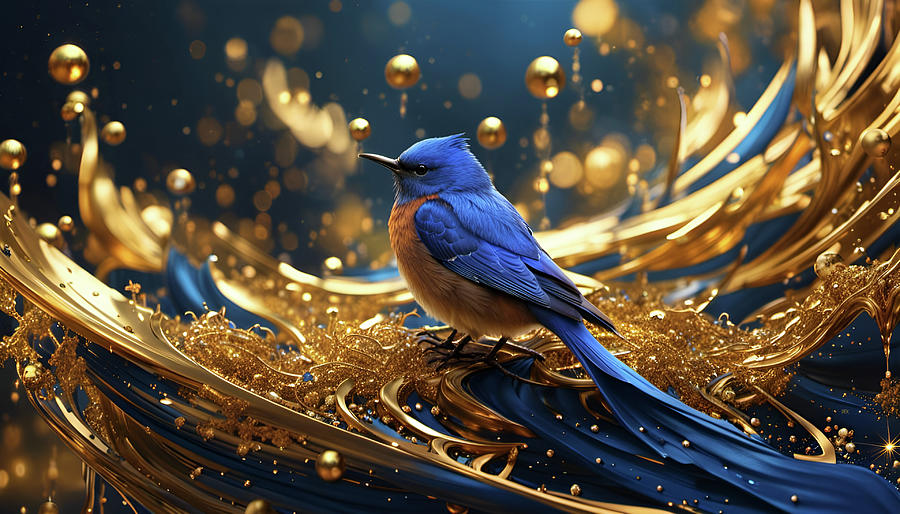 224-Beautiful bluebird surrounded by gold and dark blue sparkles - 1706 Mixed Media by Donald Keith