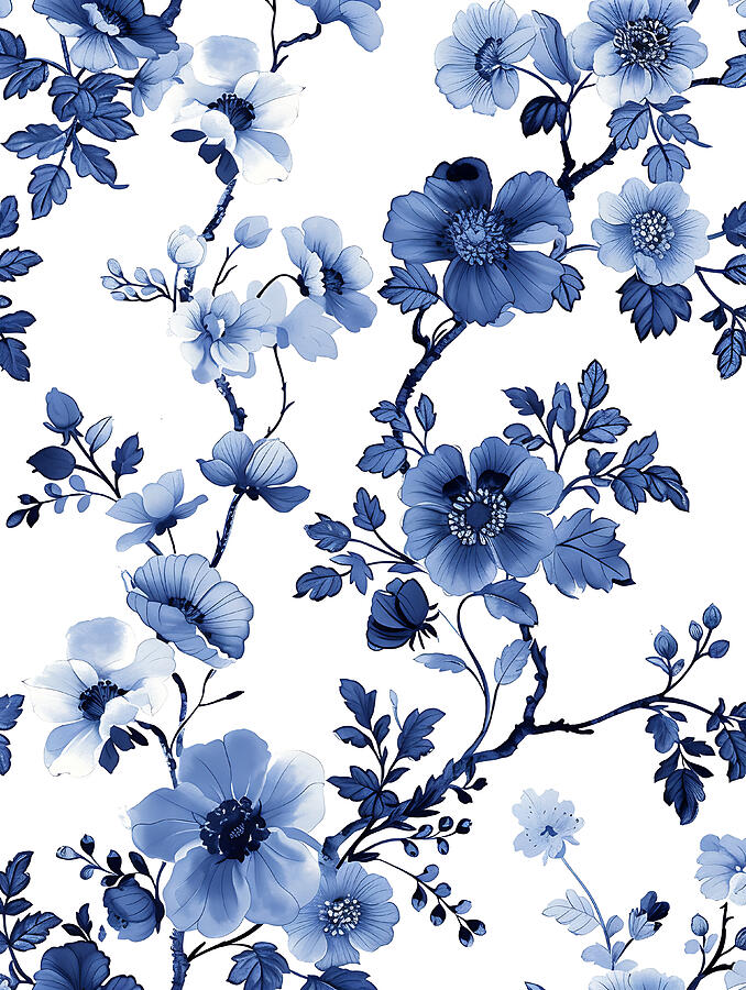 Flower Digital Art - Blue And White Floral Pattern #23 by Benameur Benyahia