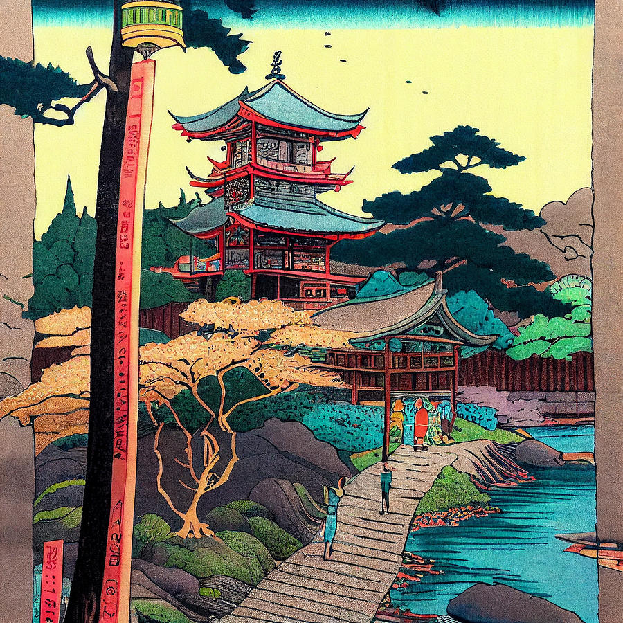 Fantasy Digital Art - Japanese  Landcape    intricate  zen  art  Ukiyo  e  ja  by Asar Studios #24 by Celestial Images