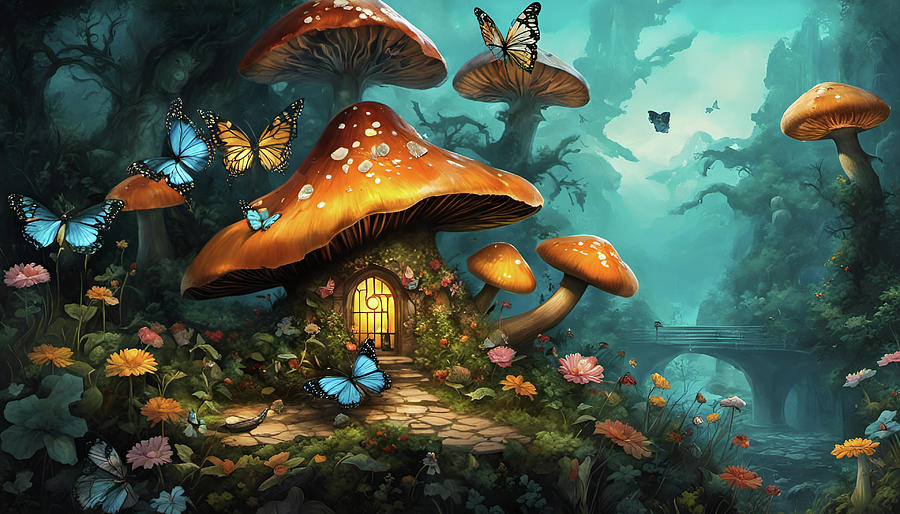 242 Exploded floral turquoise, black, and amber mushroom fairy house-2661 Mixed Media by Donald Keith