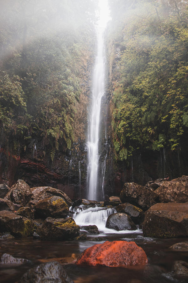 25 fontes waterfall rises in the mist and rain on the island of Madeira, Portugal Photograph by Vaclav Sonnek