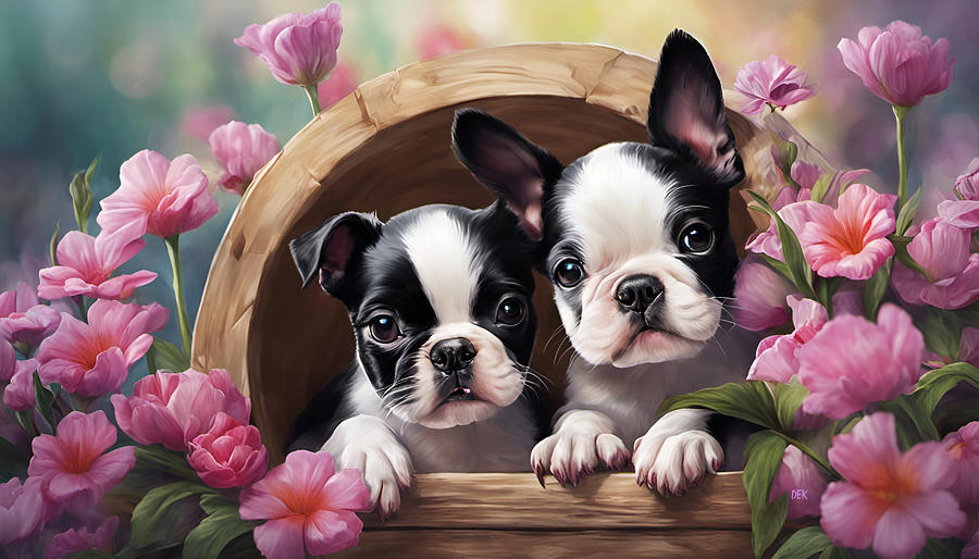 251-Adorable Boston Terrier Puppies in a wooden box amidst a plethora of beautiful spring flowers.-1 Mixed Media by Donald Keith