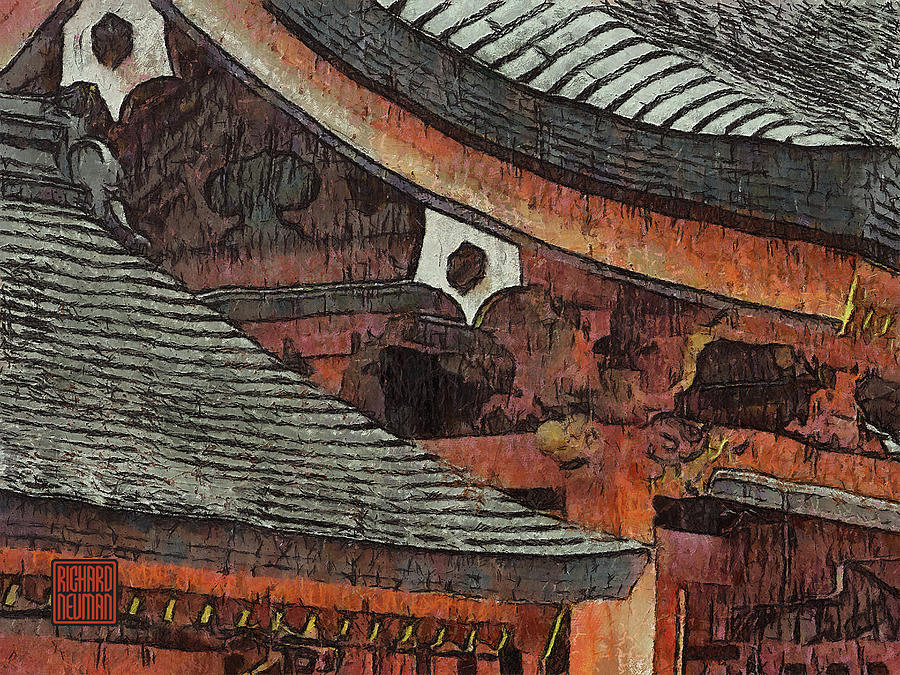 Architecture Mixed Media - 251 Rain Muted Roof Gables, Sumiyoshi Taisha Shrine, Osaka, Japan  by Richard Neuman Architectural Gifts