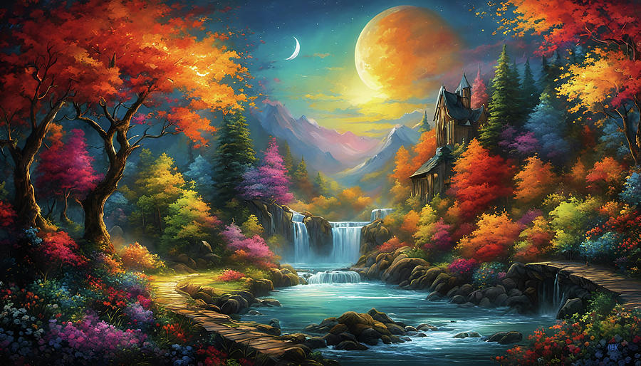 252-Enchanted Autumn Landscape waterfalls and lake and garden-8579 Mixed Media by Donald Keith