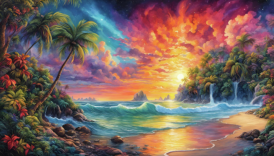 254-Colorful tropical island beach vacation at sunset -3613pg Mixed Media by Donald Keith