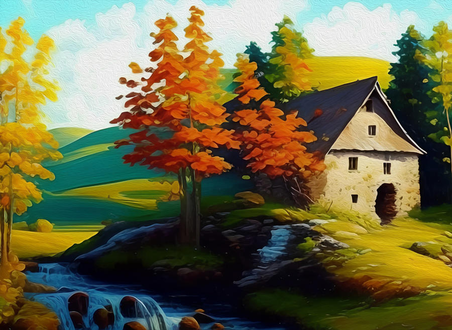 Water Mill, Oil Paint, Generative AI Illustration Digital Art by ...