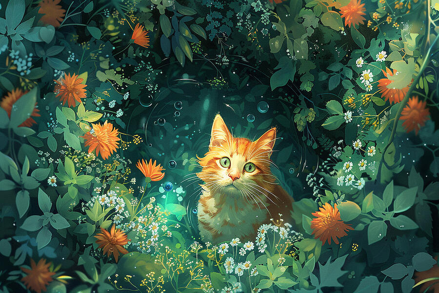 Flower Digital Art - 2D  llustrat on Cur ous Cat Explor ng a Mag cal 06e17520-f713-43fc-be57-0f2216eb9f4d by Romed Roni