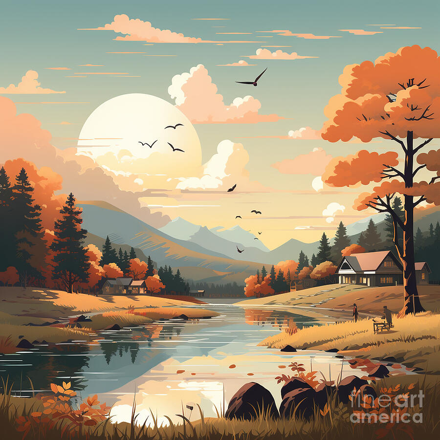 2D Retro Delicate Landscape Illustration charmi by Asar Studios Painting by Celestial Images
