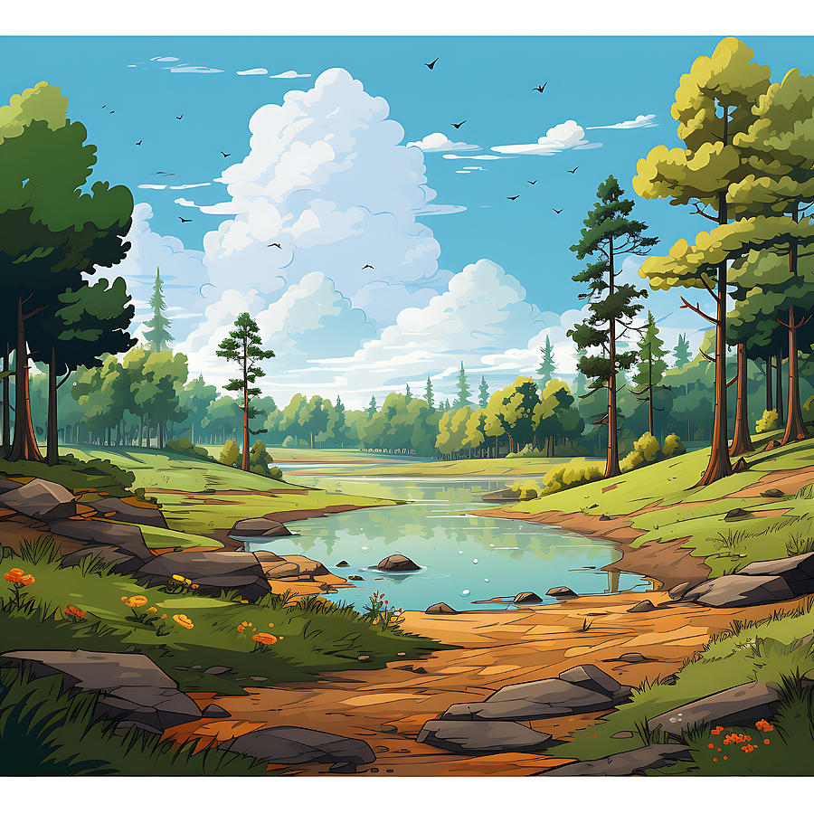 Fantasy Painting - 2D Flat Cartoon Landscape Postcard Image  by Asar Studios #3 by Celestial Images