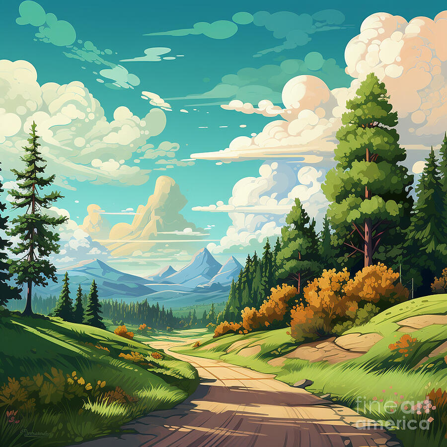 2d Flat Cartoon Landscape Postcard Image   Style By Asar Studios Painting