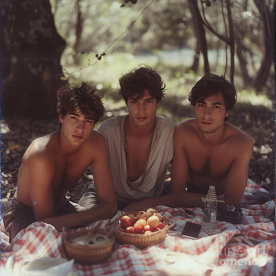 3 young man picnic uncanny valley candid  polar by Asar Studios Painting by Celestial Images