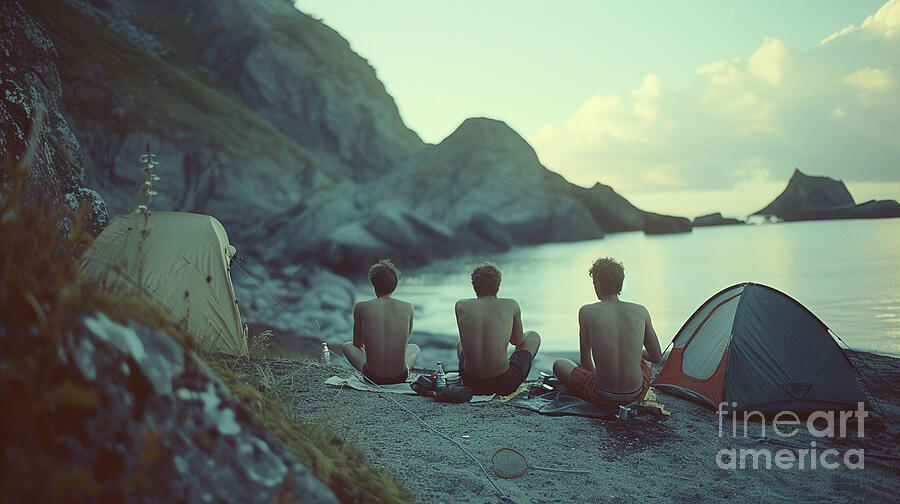 3 young men picnic on a Scandinavian beach camp by Asar Studios Painting by Celestial Images