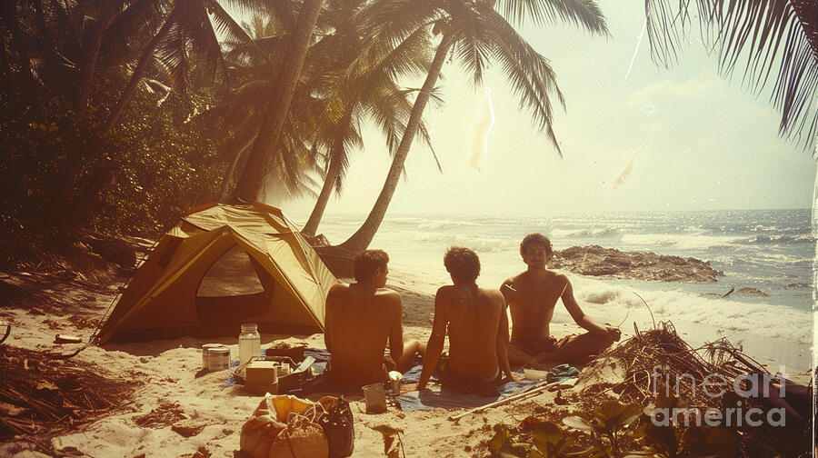 3 young men picnic on a tropical beach camping  by Asar Studios Painting by Celestial Images