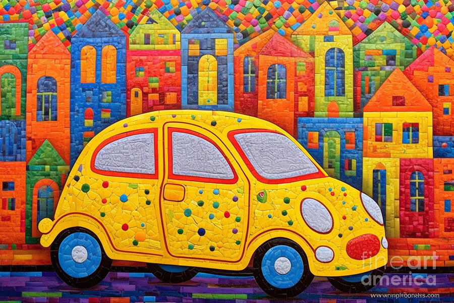 3d very bright and colorful big yellow car mini by Asar Studios Painting by Celestial Images