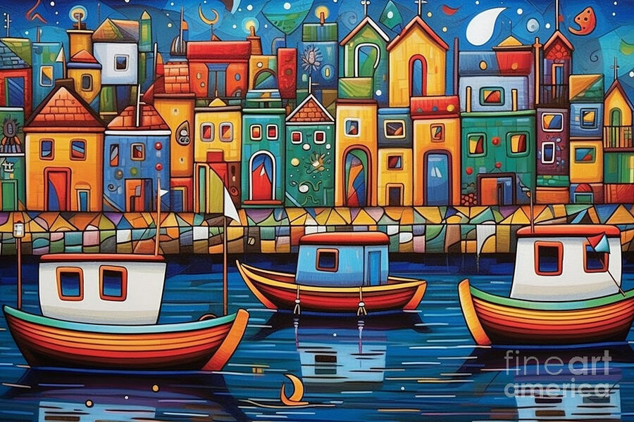 3d very bright and colorful fishing boats by Asar Studios Painting by Celestial Images