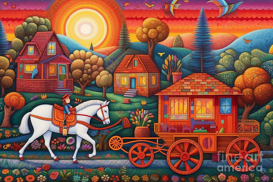 Sunset Painting - 3d very bright and colorful lady wagon and old  by Asar Studios by Celestial Images