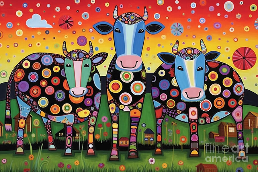 Cow Painting - 3d very bright and colorful three fat polka dot by Asar Studios by Celestial Images