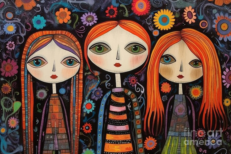 Stylized Painting - 3d very bright and colorful three goth girls by Asar Studios by Celestial Images