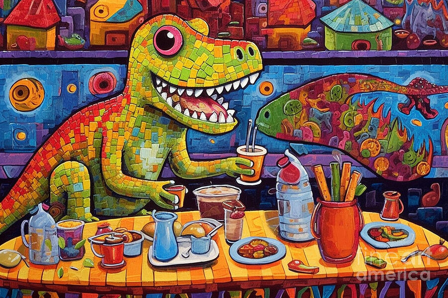 3d very bright and colorful Tyrannosaurus Dinos by Asar Studios Painting by Celestial Images