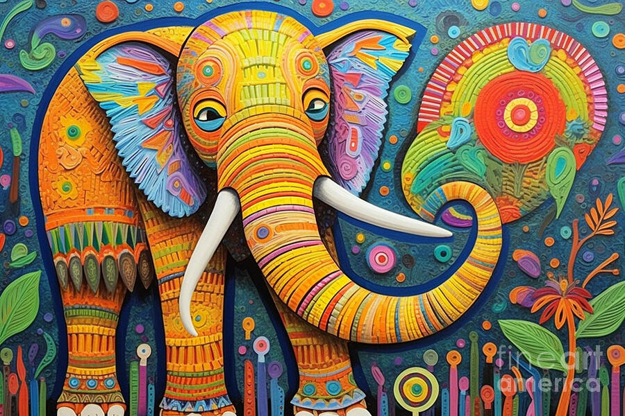 Fantasy Painting - 3d very bright and colorful wolly mammoth paint by Asar Studios by Celestial Images