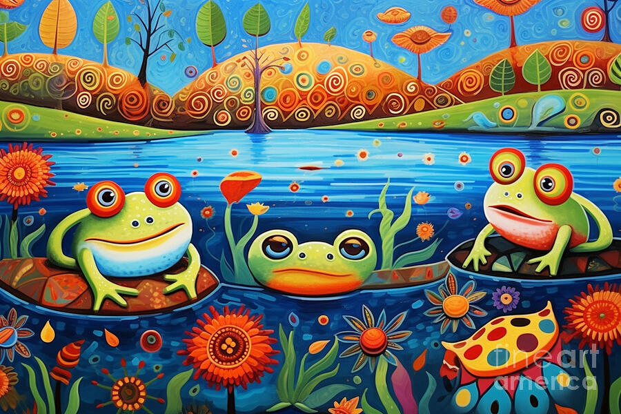 Frog Painting - 3d very bright and colorfulfrogs on patties by Asar Studios by Celestial Images