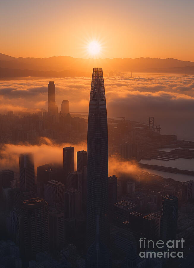 Skyscraper Painting - 70mm photo of San Francisco at sunrise looking  by Asar Studios #3 by Celestial Images