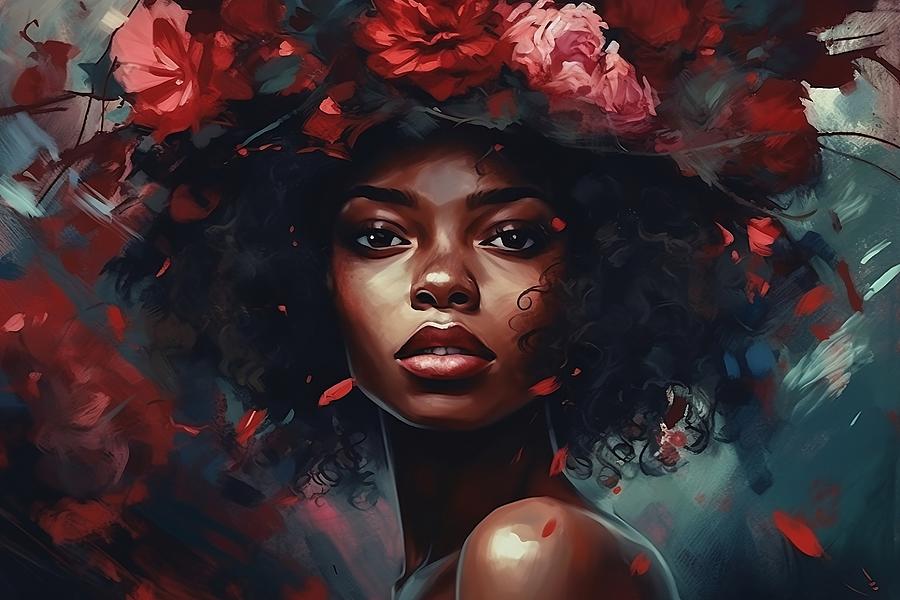 A dark-skinned girl with fresh flowers painted with a brush. Digital ...