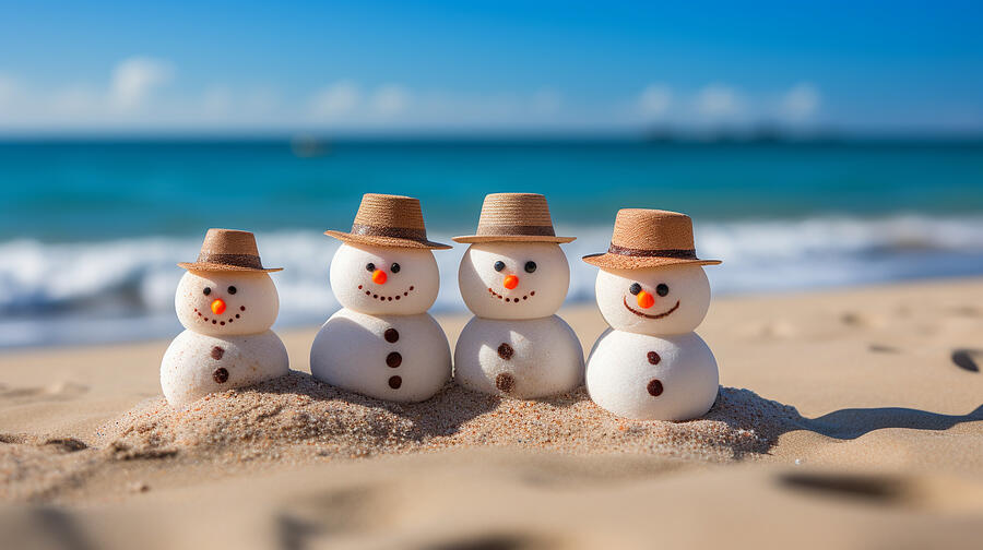 a family of snowman made from sand on a tropica by Asar Studios #3 Painting by Asar Studios