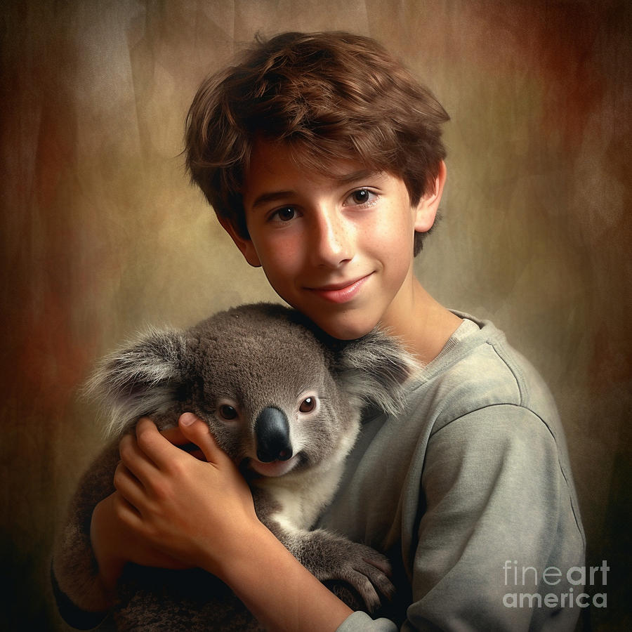 Fantasy Painting - a  handsome  teen  boy  hugging  a  koala    Clear  deta  by Asar Studios #3 by Celestial Images