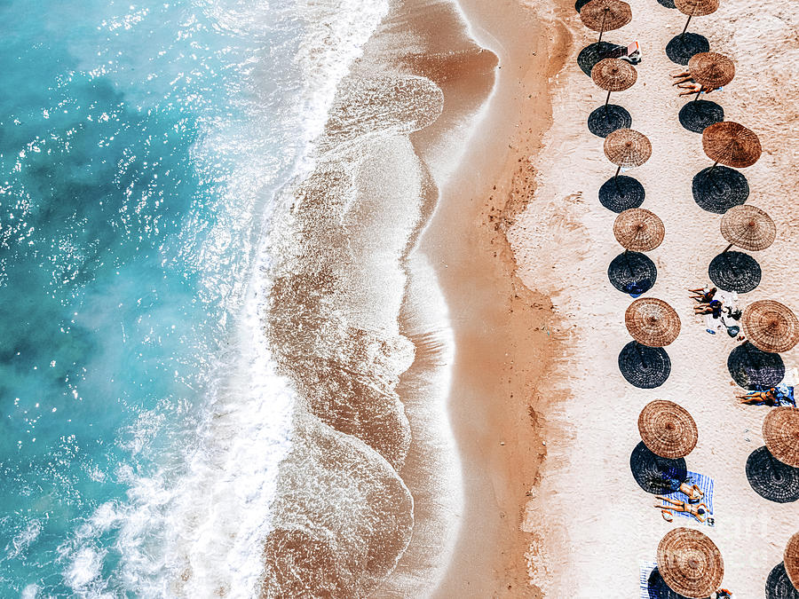 Aerial Beach, People And Umbrellas On Beach Photography, Blue Oc Photograph