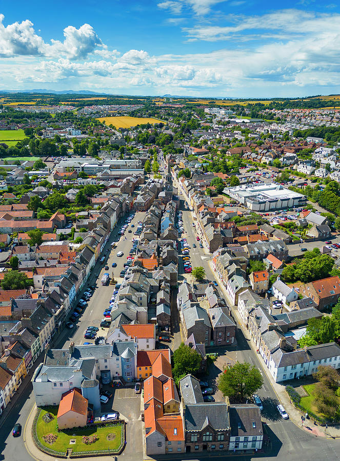 Aerial view of High Street and Market Street in Haddington town in East