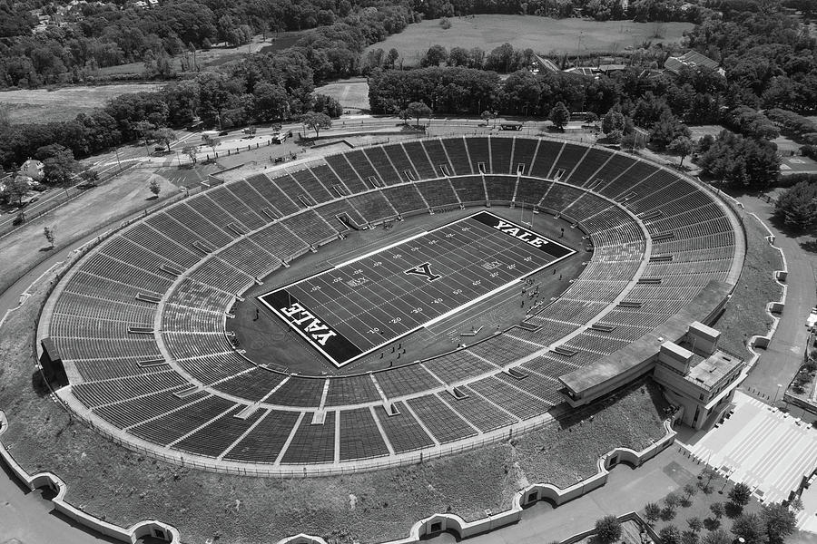 Aerial view of Yale Bowl football stadium at Yale University in black and white #3 Photograph by Eldon McGraw