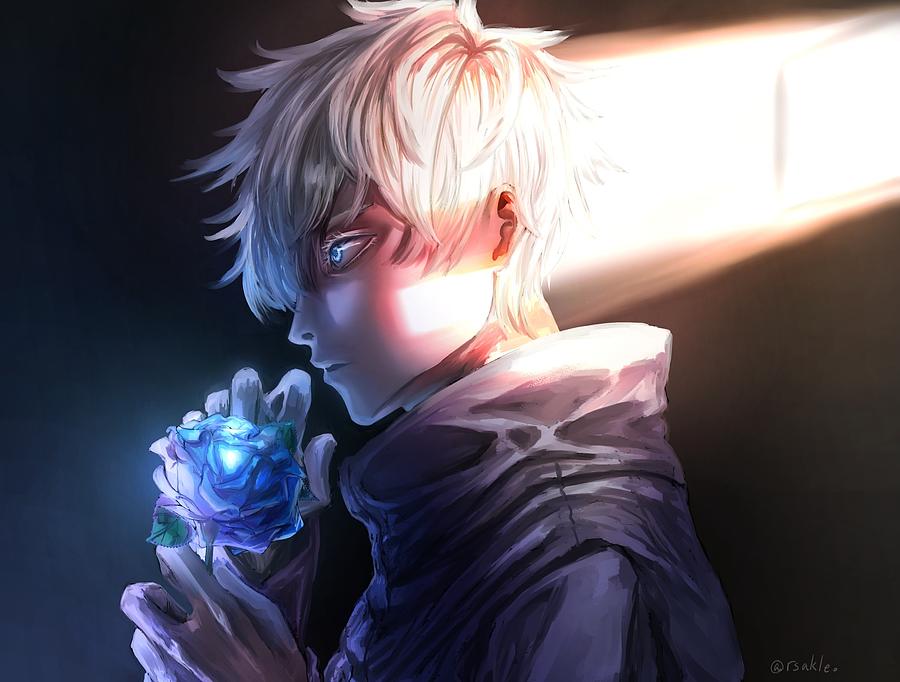 Anime Jujutsu Kaisen Satoru Gojo White Hair Blue Eyes Boy Digital Art