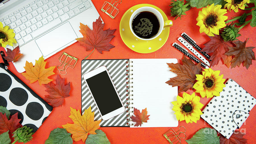 Autumn Fall desktop workspace blog header overhead flat lay. #3 Photograph by Milleflore Images