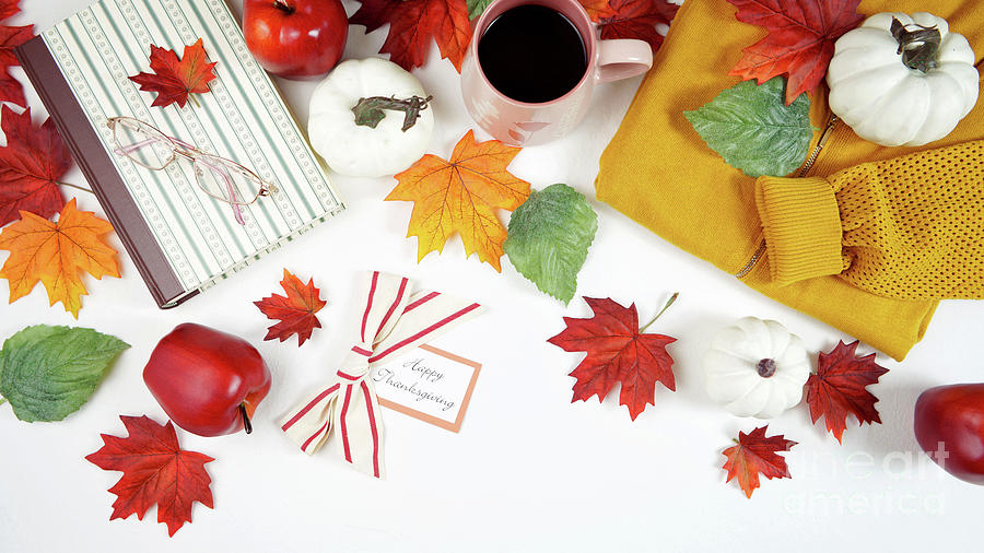 Autumn Fall Thanksgiving hygge flatlay with sweater, reading glasses and book. #3 Photograph by Milleflore Images